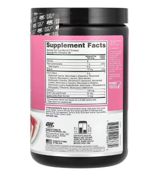 Essential AMINO Energy, Sabor Melancia, 270g, Optimum Nutrition