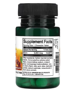 Biotina 5000mcg, 60 Comprimidos Mastigáveis Sabor Cereja, Swanson