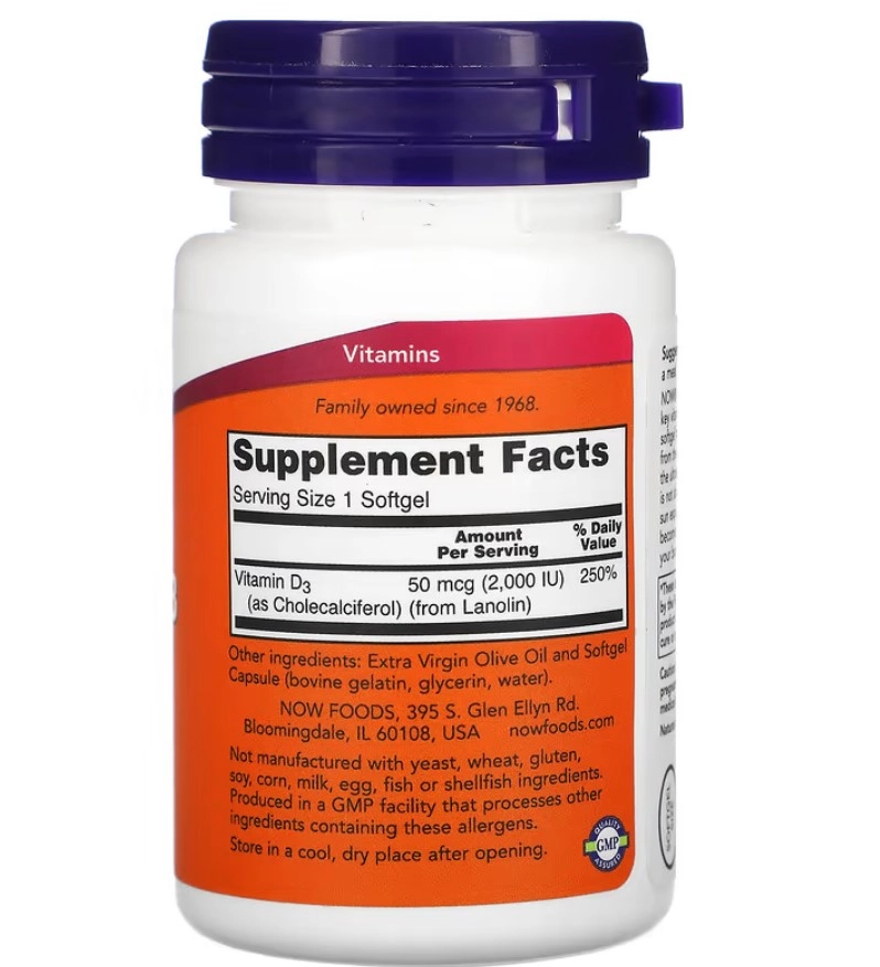 Vitamin D3 2,000 I, 30 Cápsulas em Gel, Now