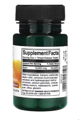 Biotina, 10000mcg, 60 Comprimidos Liberação Temporizada, Swanson