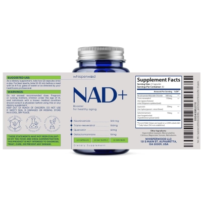 NAD+ 500mg, Ribosídeo de Nicotinamida, Resveratrol e Quercetina, 60 Cápsulas, Whisperwood
