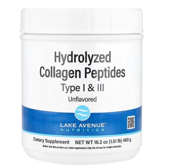 Peptídeos de Colágeno Hidrolisado, Tipos I e III, 460g Sem Sabor, Lake Avenue Nutrition