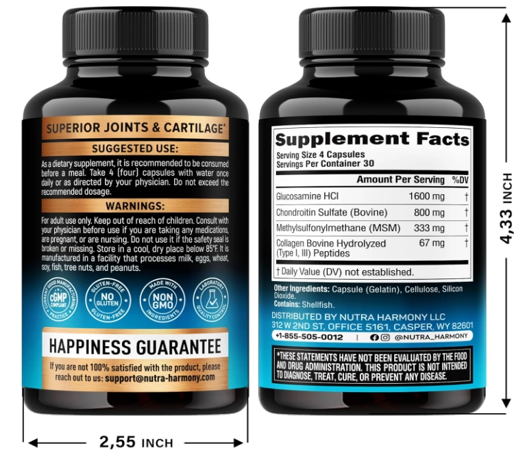 Glucosamina Condroitina 2800mg com MSM e Colágeno, 120 Cápsulas, Totaria Health