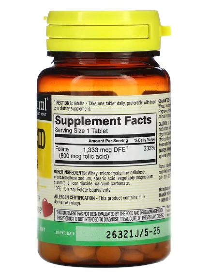 Ácido Fólico, 800mcg, 100 Comprimidos, Mason Natural