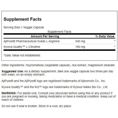 AjiPure L-Arginina 540mg com L-Citrulina, 60 Cápsulas, Swanson