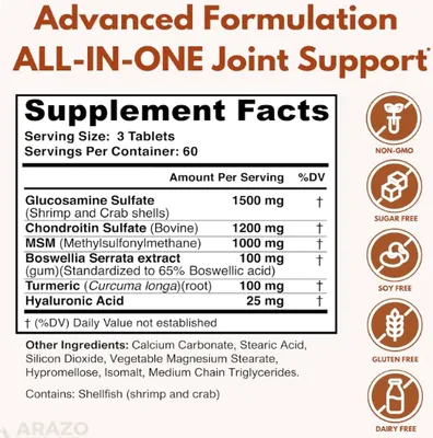 Glucosamina Condroitina, MSM, Boswellia, Cúrcuma, 180 comprimidos, Arazo Nutrition