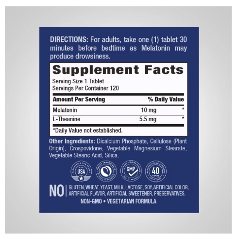 Melatonina 10mg, 120 comprimidos, PipingRock