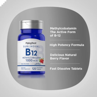 Vitamina B12 (Metilcobalamina), 1000mcg, 120 Comprimidos Sublinguais, PipingRock
