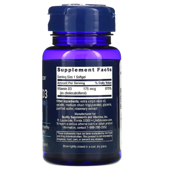 Vitamina D3, 175 mcg (7.000 UI), 60 Cápsulas, Life Extension