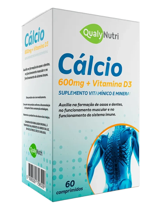 Calcio 600mg com Vitamina D3, 60 Comprimidos, Qualynutri