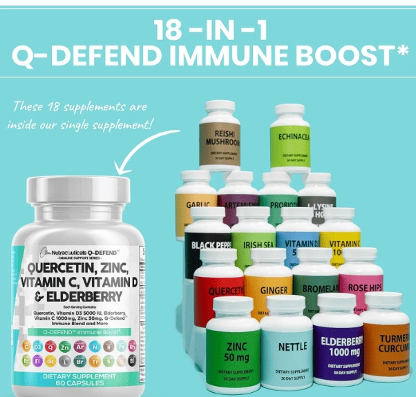 Suplemento de suporte à defesa imunológica, Quercetina, Zinco, Vitamina C e D, Bromelaína Sabugueiro, 60 cápsulas, Nutra