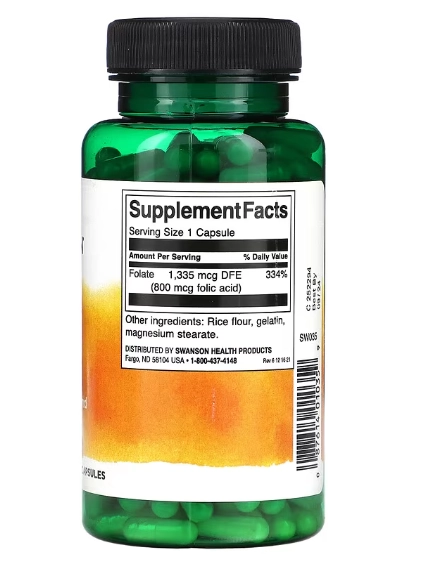 Ácido Fólico, 800mcg, 250 Cápsulas, Swanson