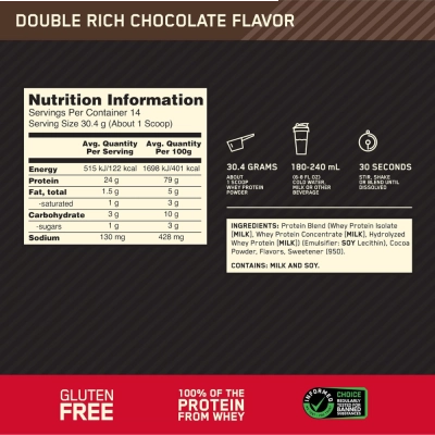 Whey Protein Gold Standard 100%, 454g, Double Rich Chocolate, Optimum Nutrition