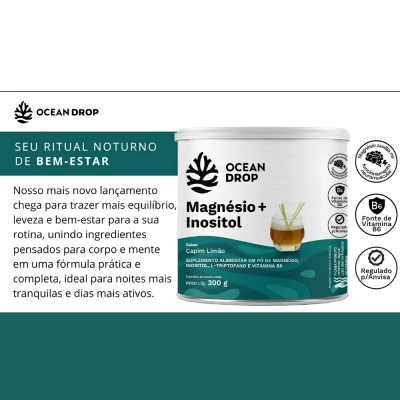 Magnésio + Inositol,  300g, Sabor Capim Limão, Ocean Drop