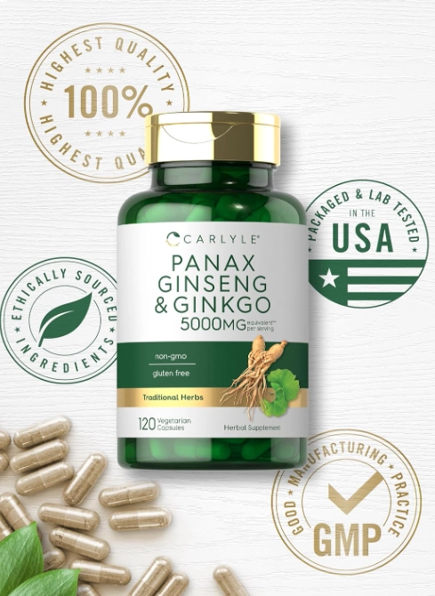 Panax Ginseng e Ginkgo 5000mg, 120 Cápsulas, Carlyle 