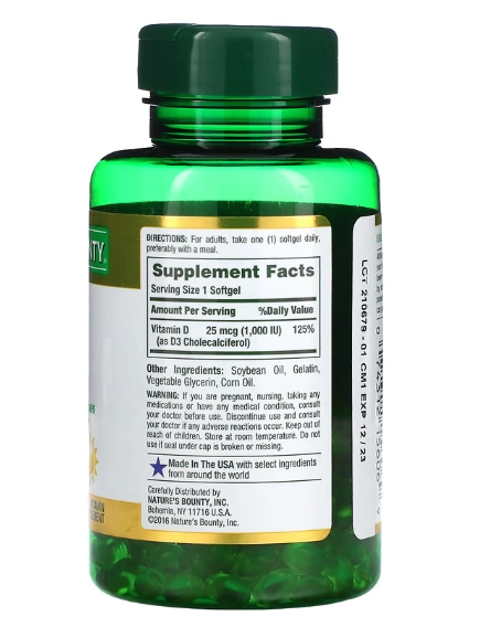 Vitamina D3,25mcg 1000IU, 250 Cápsula, Nature's Bounty