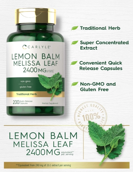 Lemon Balm Melissa Leaf, Folha de Melissa com Erva Cidreira 2400mg, 200 Cápsulas, Carlyle