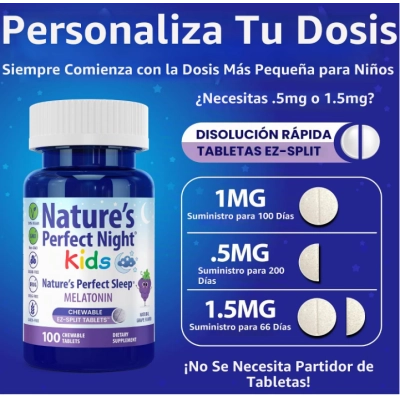 Melatonina 1mg Kids, 100 Comprimidos Mastigáveis Sabor Uva, Nature's Perfect Night