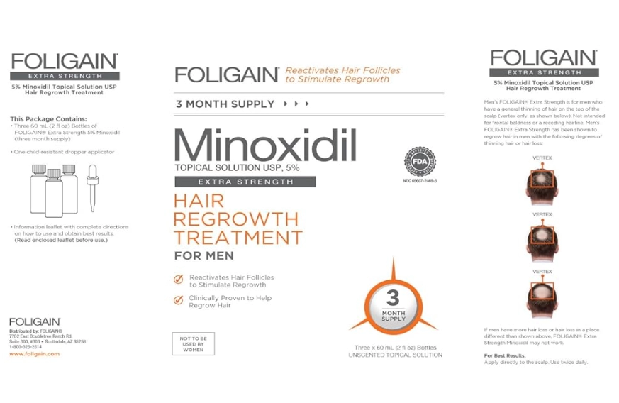 Minoxidil 5%, Tratamento Estimulante Capilar de 3 Meses, Frascos de 60ml Cada, Neutro, Foligain
