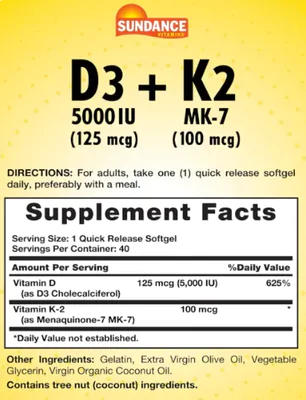 Vitamina D3 5000IU + K2 100mcg, 40 Cápsulas, Sundance