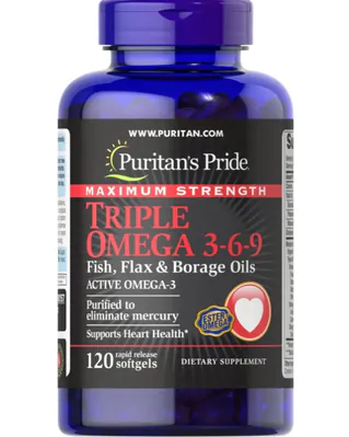 Triplo Ômega 3-6-9 Óleo de Linhaça e Borragem, Força Máxima, 120 Cápsulas, Puritan's Pride