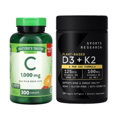 Kit Saúde Óssea e Imunidade, Vitamina C 1000mg + Vitamina D3 5000UI K2, Nature’s Truth + Sports Research
