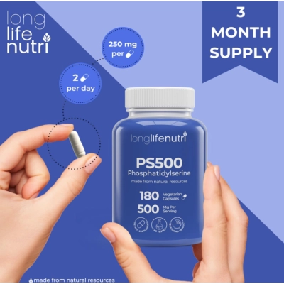 Phosphatidylserine 500mg, Fosfatidilserina  Suplemento Nootrópico para o Cérebro, 180 Cápsulas, LongLifeNutri 