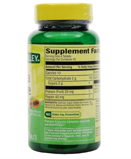 Enzima de Papaya, 180 tablets mastigáveis, Spring Valley