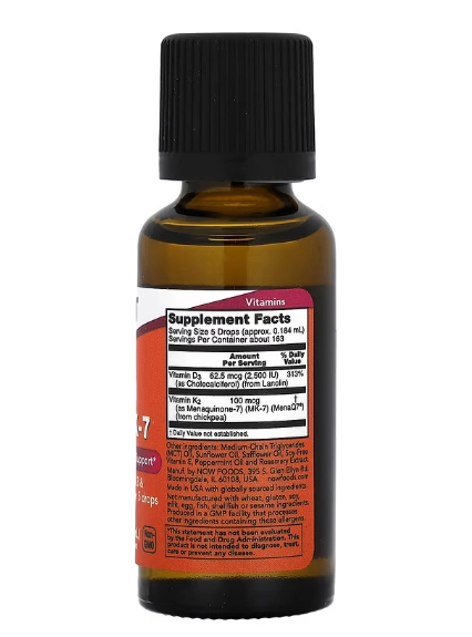 Vitamina D-3 2500UI e MK-7 100mg Líquida, 30ml, Now