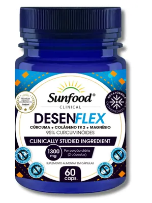 Desenflex, Cúrcuma, colágeno e Magnésio, 1300mg, 60 Cápsulas, Sunfood