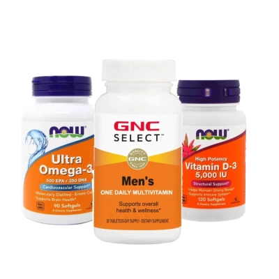 Kit Saúde Essencial Para Homens, Ultra Ômega‑3 NOW + Multivitamínico GNC Mens + Vitamina D3 NOW