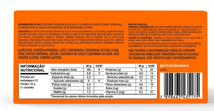 Barras de Proteína Fitzei, Zero adição de Açúcares, 3 Unidades Sabor Paçoca, Vitafor