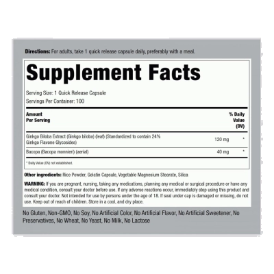 Ginkgo Biloba 120mg, Foco, Concentração e Saúde Cerebral, 100 Cápsulas, Piping Rock