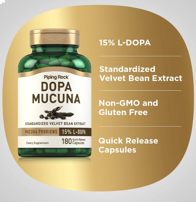 Dopa Mucuna 350mg, 15% L-Dopa, 180 Cápsulas, PipingRock