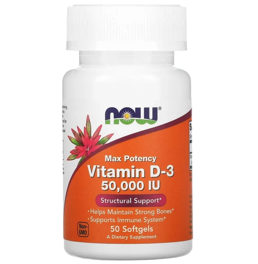 Vitamina D-3, 50.000 UI, 50 Cápsulas Softgel, Now