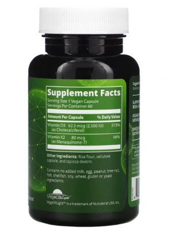 Vitaminas D3 2.500UI e K2 80mcg, Veganas, 60 Cápsulas, MRM