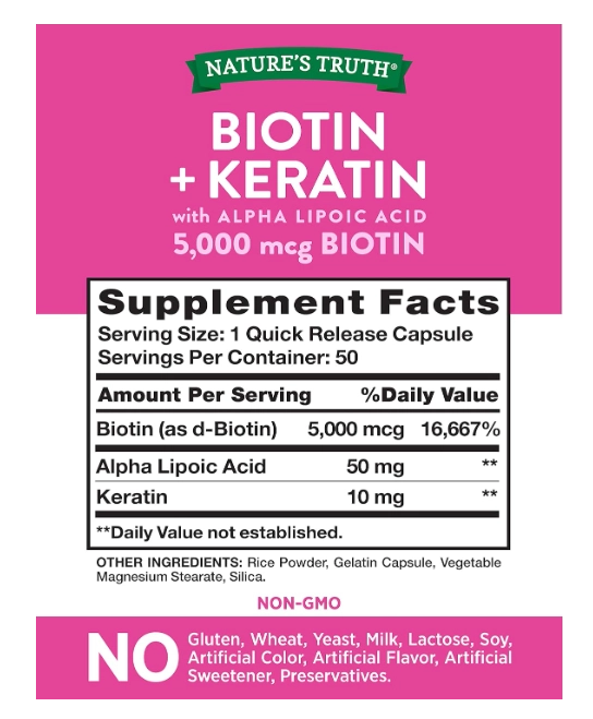 Biotina 5000mcg com Queratina e ácido alfalipóico, 50 cápsulas, Nature's Truth