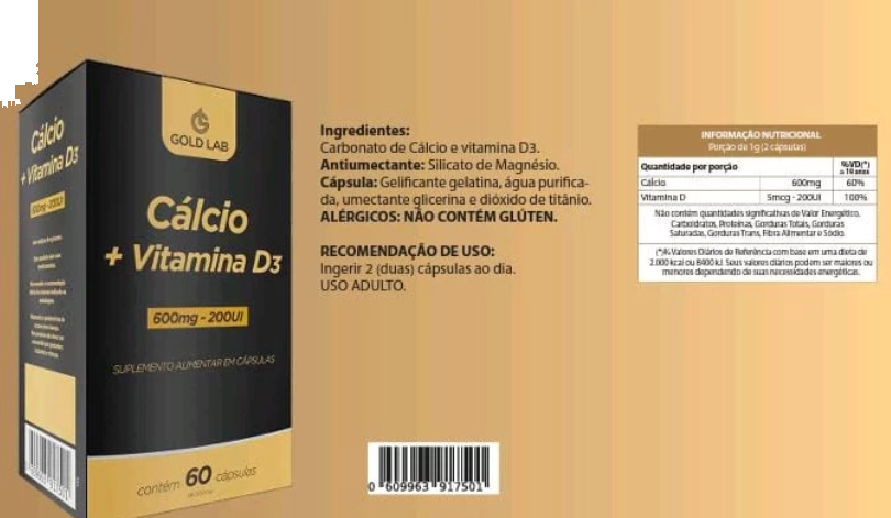 Cálcio 600mg + Vitamina D3 200UI, 60 Cápsulas, Gold Lab