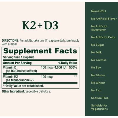 Vitamina D3 4000UI + K2 100mg, 60 Cápsulas, Nature's Bounty