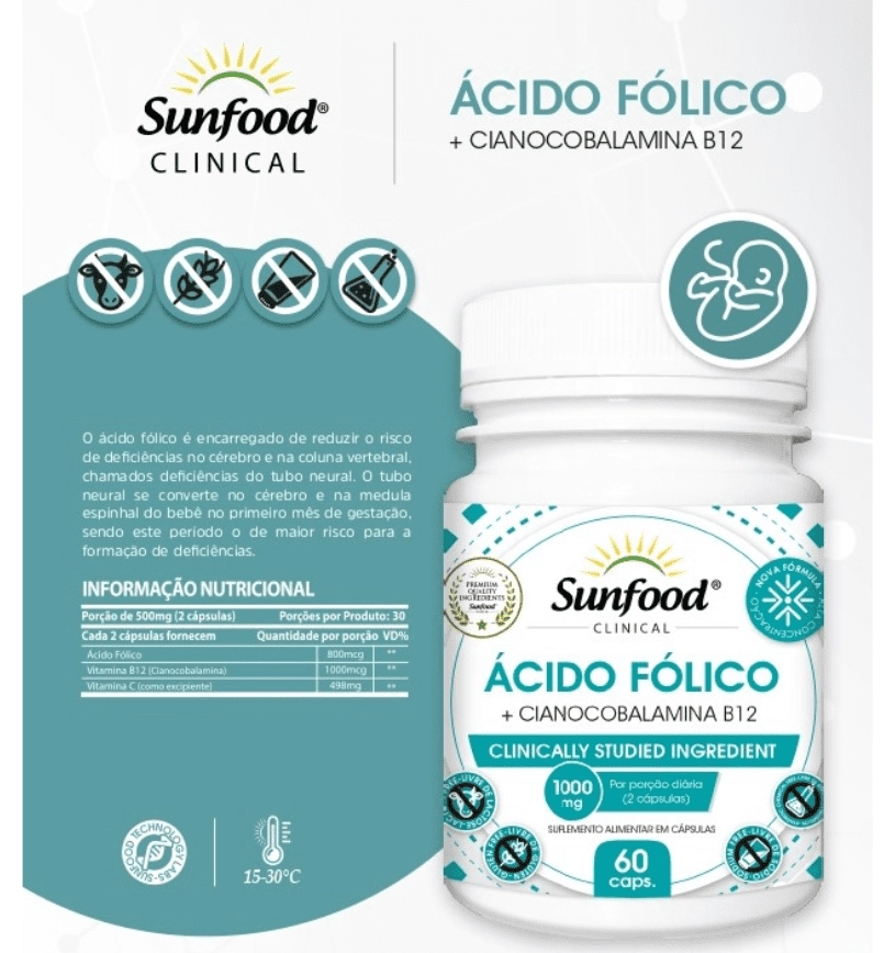 Ácido Fólico com Cianocobalaina B12, 1000mg, 60 Cápsulas, Sunfood