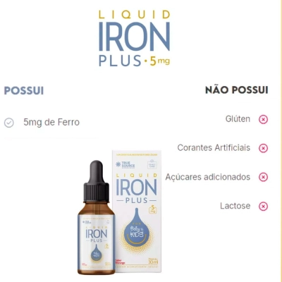 Iron Plus Infantil, Ferro Líquido em Gotas 30ml, True Source