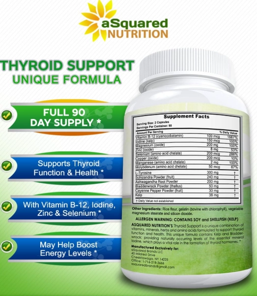 Thyroid Support, Suporte da Tireoide Com Vitaminas com B12, Ashwagandha e Bladderwrack , 180 Cápsulas, aSquared Nutritio
