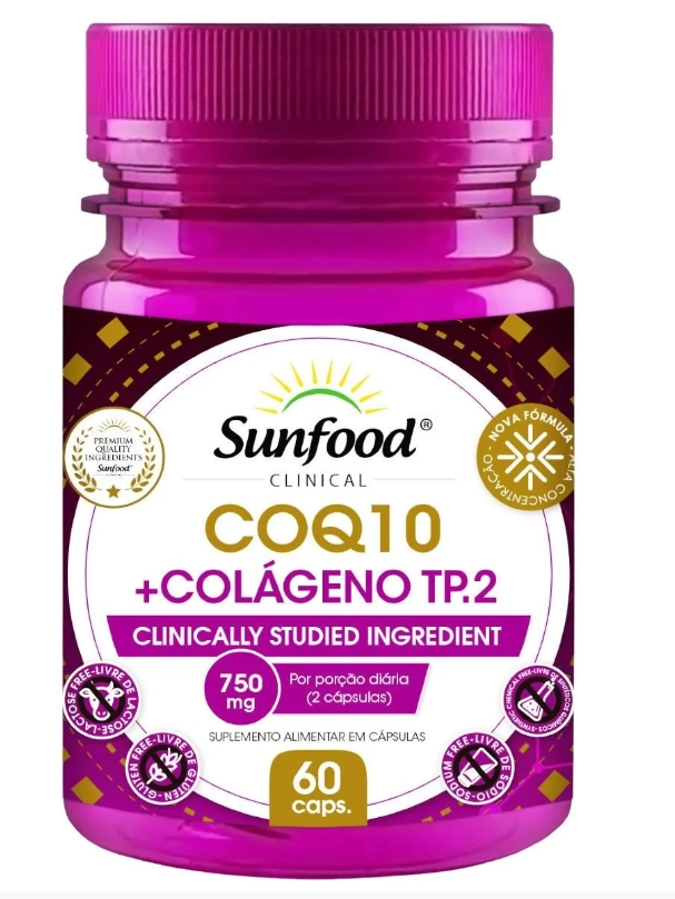 Coenzima CoQ10 com Colágeno Tipo II, 750mg, 60 Cápsulas, Sunfood