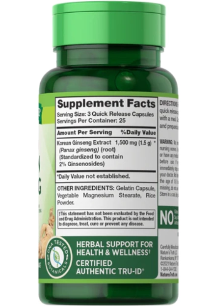 Ginseng coreano, 1500mg, 75 cápsulas de liberação rápida,  Nature's Truth