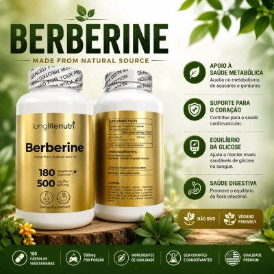 Berberina 500mg, Metabolismo, Energia e Equilíbrio do Organismo, 180 Cápsulas, Long Life Nutri