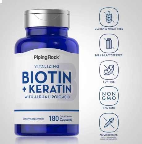 Biotina 5000mcg Com Queratina, 180 Cápsulas, PipingRock