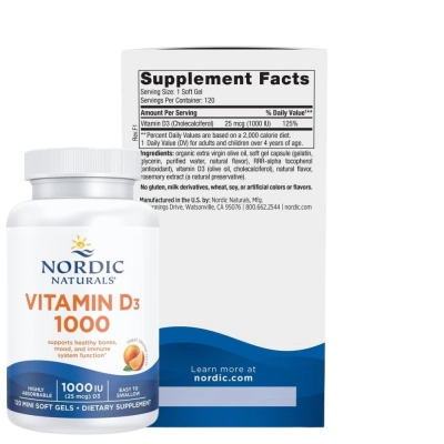 Vitamin D3 1000UI, Suporte à Saúde Óssea, Imunológica e Absorção de Cálcio, 120 Mini Softgels, Nordic Naturals
