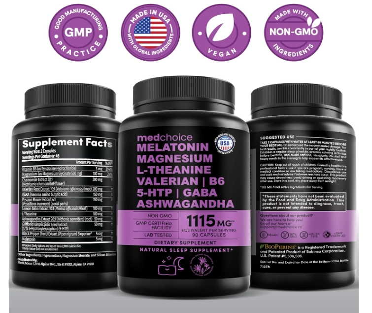 Melatonina 5mg, 12 em 1 com Magnésio, GABA, 5-HTP, Ashwagandha e L-teanina, 1115mg, 90 Cápsulas, MedChoice
