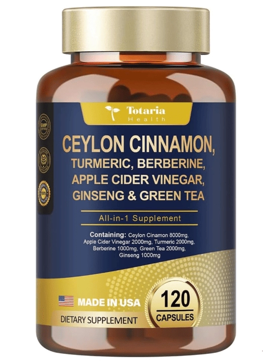 Canela Ceylon 18 em 1 com Vinagre de Maçã, Cúrcuma, Berberina, Ginseng e Melão Amargo, 120 Capsulas, Totaria Health