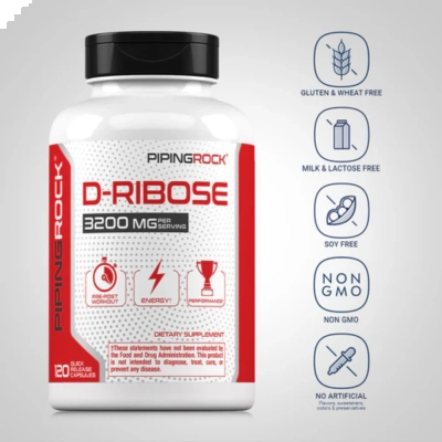 D-Ribose 100% Puro, 3200 mg, 120 Cápsulas - Piping Rock